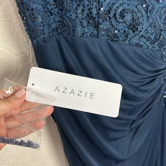 NWT Azazie Helen Mother Of The Bride Dark Navy Blue Maxi Dress Sequin Vneck - Picture 7 of 9